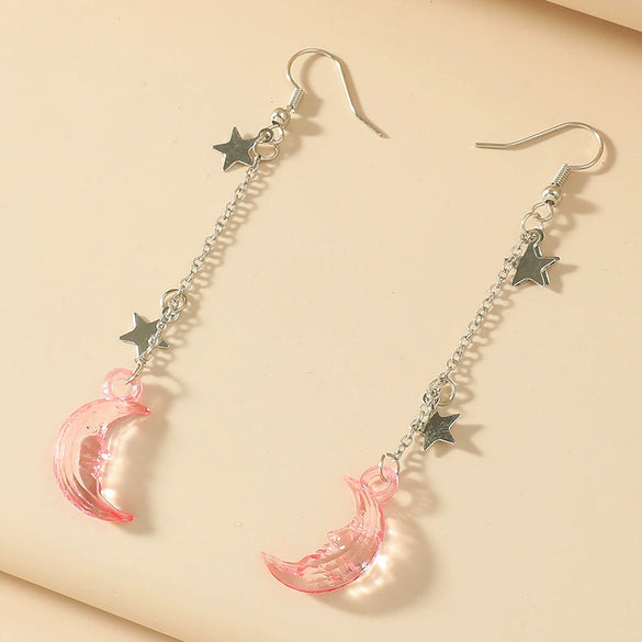 Wholesale Alloy Simple Moon And Star Women's Fashion Long Tassel Earrings With Electroplating