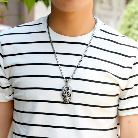 Wholesale Alloy Skull Head Geometric Hiphop Long Necklace Pendant With Box Chain And Electroplating For Men And Women