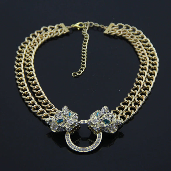 Wholesale Alloy Snake Bone Chain Necklace With Leopard Head Full Diamond Pendant Animal Zodiac Style