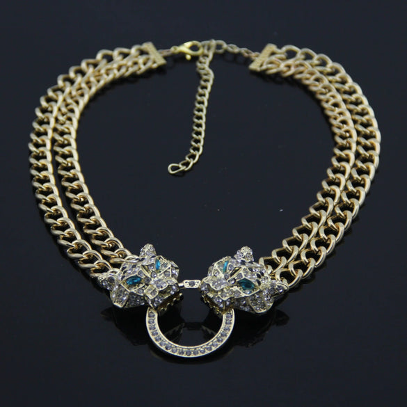 Wholesale Alloy Snake Bone Chain Necklace With Leopard Head Full Diamond Pendant Animal Zodiac Style