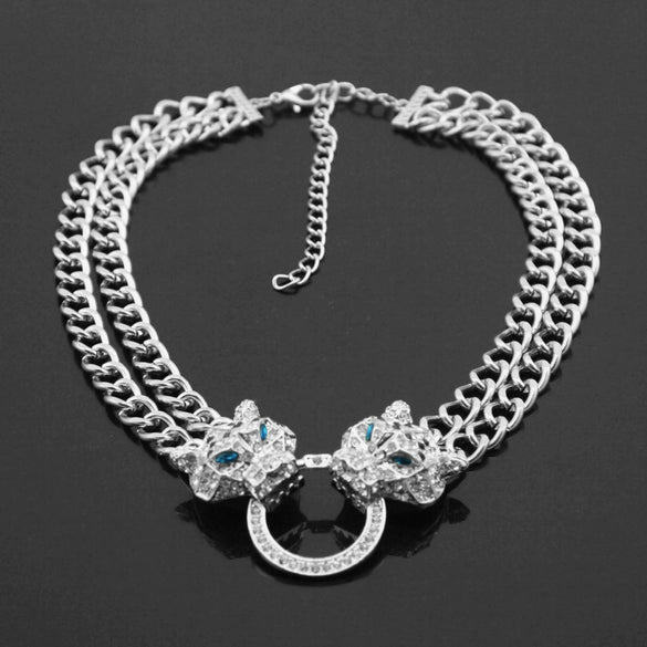 Wholesale Alloy Snake Bone Chain Necklace With Leopard Head Full Diamond Pendant Animal Zodiac Style