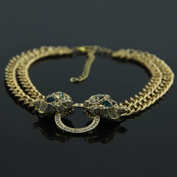 Wholesale Alloy Snake Bone Chain Necklace With Leopard Head Full Diamond Pendant Animal Zodiac Style