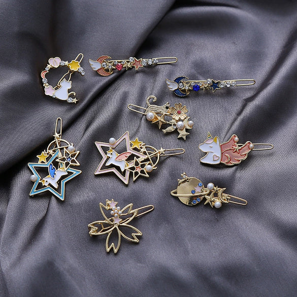 Wholesale Alloy Sweet Style Hair Accessories Starry Sky Cat Unicorn Frog Side Clips With Oiling Treatment