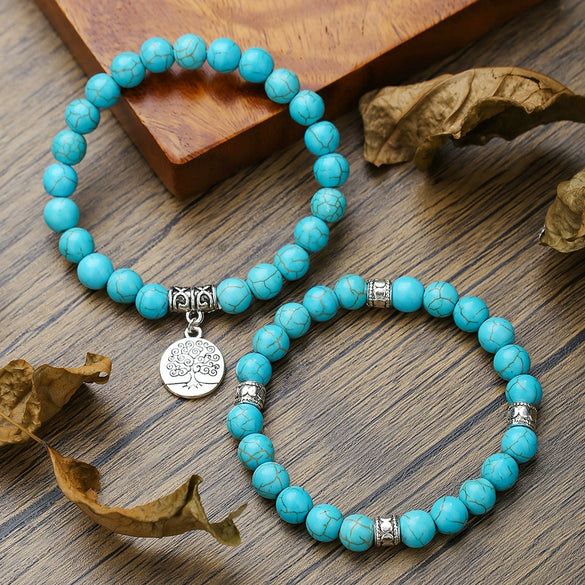Wholesale Alloy Turquoise Handmade Geometric Tree Of Life Bracelet Twopiece Set