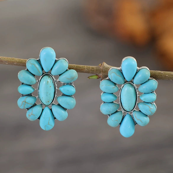 Wholesale Alloy Turquoise Oil Geometric Flower Exaggerated Electroplated Women's Earrings