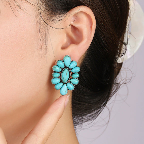 Wholesale Alloy Turquoise Oil Geometric Flower Exaggerated Electroplated Women's Earrings