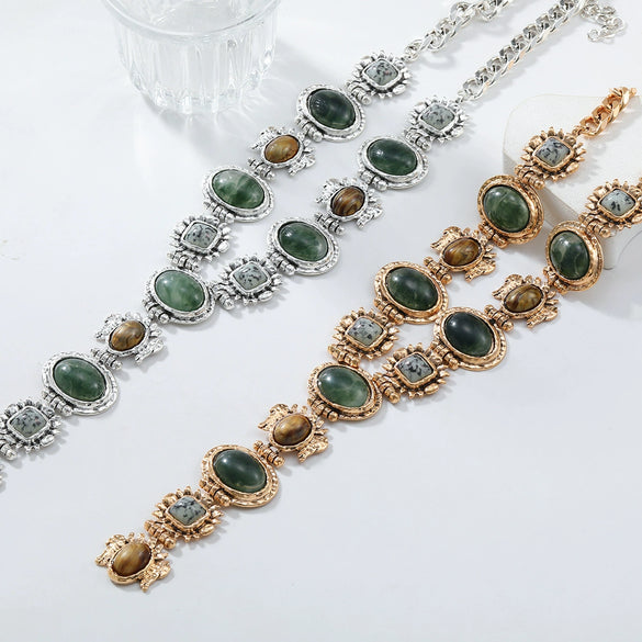 Wholesale Alloy Twist Chain Necklace With Imitation Natural Stone Embellishment And Retro Geometric Style For Ladies