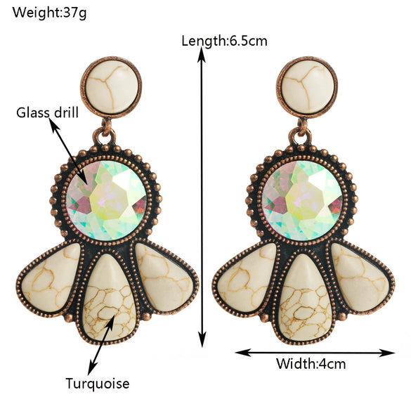 Wholesale Alloy Women's Retro Bohemian Style Flower Patterned Turquoise Earrings With Diamond Treatment