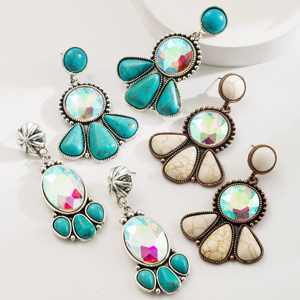 Wholesale Alloy Women's Retro Bohemian Style Flower Patterned Turquoise Earrings With Diamond Treatment