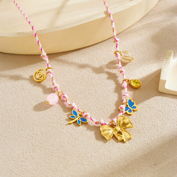 Wholesale Ancient Style Insect Bow Tie Stainless Steel Gold Electroplated Pendant Necklace For Women