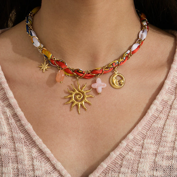 Wholesale Ancient Style Orange Printed Headscarf With Stainless Steel Electroplated Sun And Moon Pendant Jewelry For Women