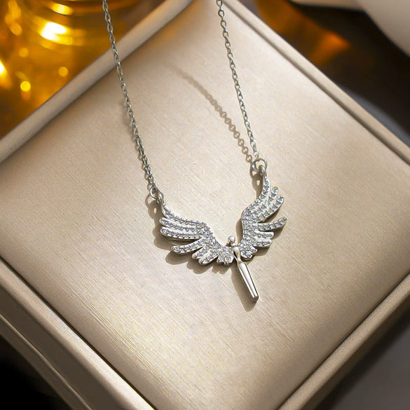 Wholesale Angel Wings Necklace With Micro Inlaid Colored Diamond Titanium Steel Animal Zodiac Pattern Gold Inlaid