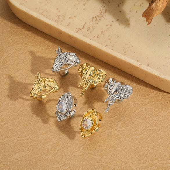 Wholesale Animal Series Elephant Shape Opening Ring Horse Head Oval Design Copper Electroplated Women's Ring