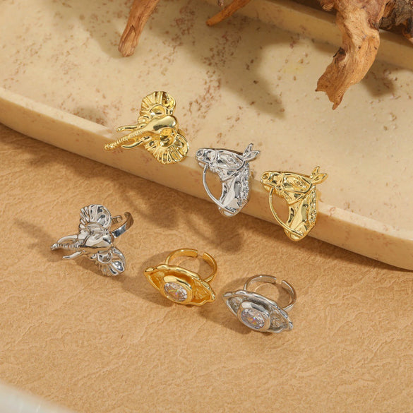 Wholesale Animal Series Elephant Shape Opening Ring Horse Head Oval Design Copper Electroplated Women's Ring