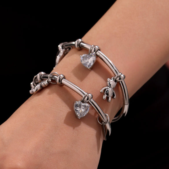 Wholesale Animal Series Heart Diamond Bear Pendant Stainless Steel Electroplated Bracelet For Women