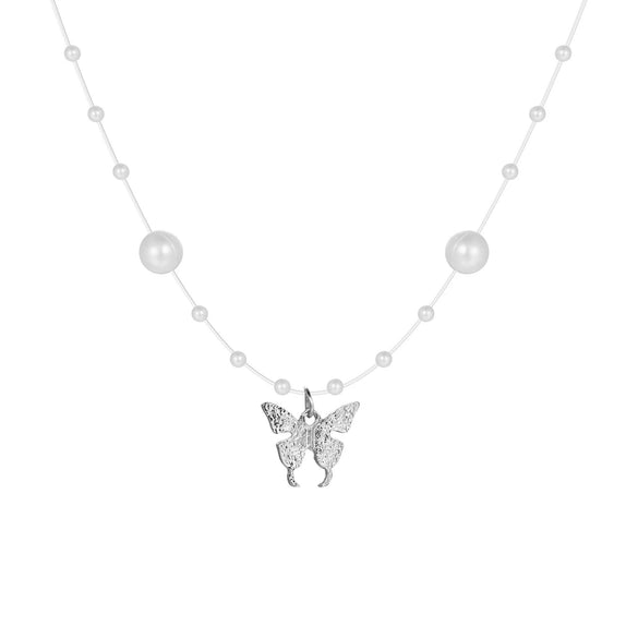 Wholesale Animals Zodiac Style Imitation Pearl Butterfly Necklace Zinc Alloy Electroplated