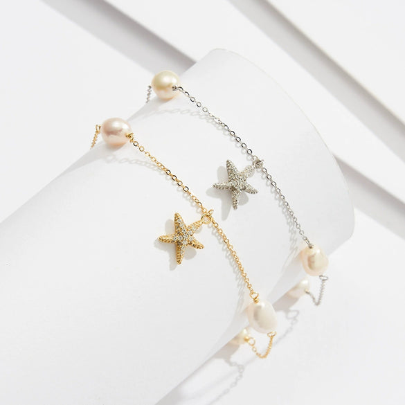 Wholesale Anklet S925 Sterling Silver Freshwater Pearl Fivepointed Star Pendant Women's Bohemian Style