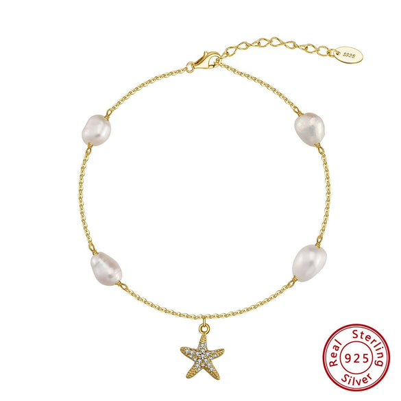 Wholesale Anklet S925 Sterling Silver Freshwater Pearl Fivepointed Star Pendant Women's Bohemian Style