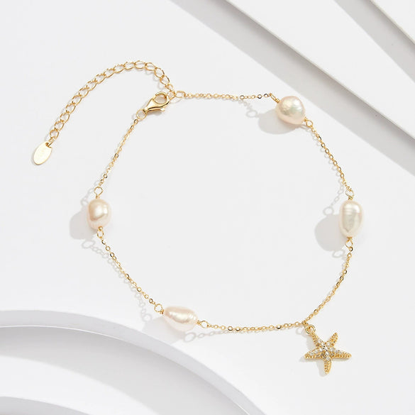 Wholesale Anklet S925 Sterling Silver Freshwater Pearl Fivepointed Star Pendant Women's Bohemian Style