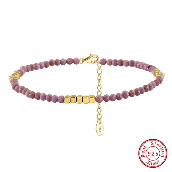 Wholesale Anklet S925 Sterling Silver Purple Mica Stone Square Gold Nugget Geometric Style