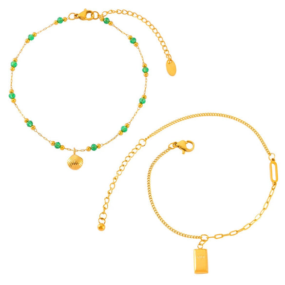 Wholesale Anklet 316L Stainless Steel Gold Plated Retro Shell Brick Pendant Geometric Beaded Design Unisex
