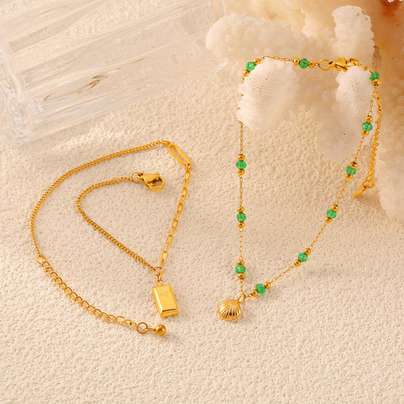 Wholesale Anklet 316L Stainless Steel Gold Plated Retro Shell Brick Pendant Geometric Beaded Design Unisex