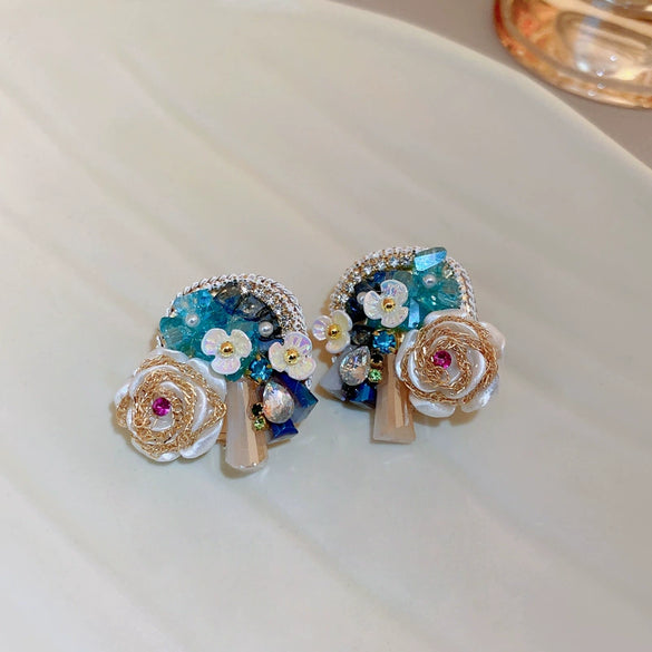 Wholesale Artificial Crystal Flower Heart Earrings Baroque Style Electroplated Girly