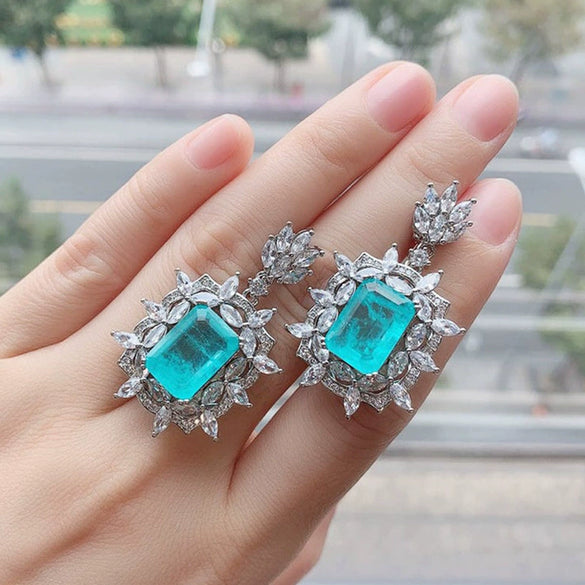 Wholesale Artificial Jewelry Copper Mixed Gem Inlay Geometric Exaggerated Style Pendant Necklace Earrings Set For Women