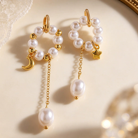 Wholesale Asymmetrical Long Tassel Star And Geometric Imitation Pearl Ear Clips For Women Electroplated