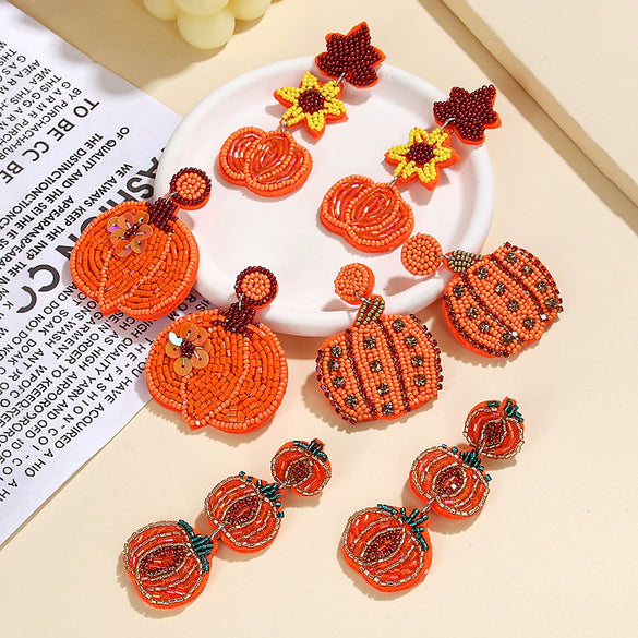 Wholesale Autumn Pumpkin Beaded Earrings With Colorful Diamond Sequin Flowers And Fruit Shaped Rice Beads For Women Little Fresh Style