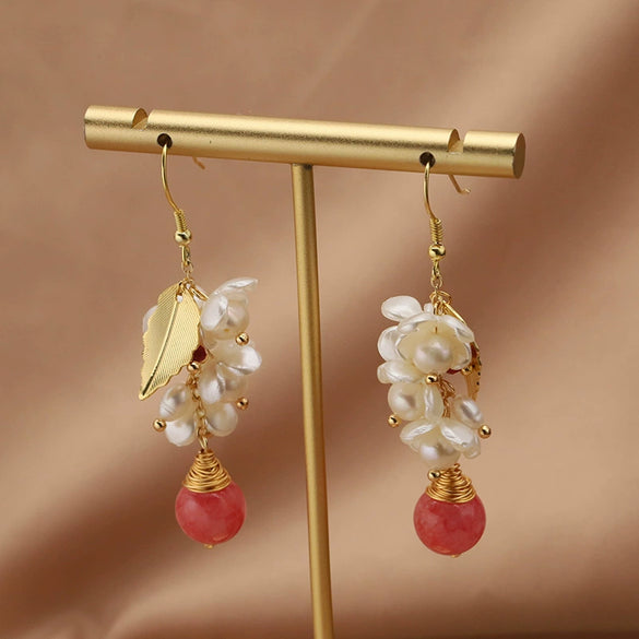Wholesale Baroque Asymmetrical Earrings With Natural Pearl Flower Tassel Retro Temperament Metal Material And Electroplating Design