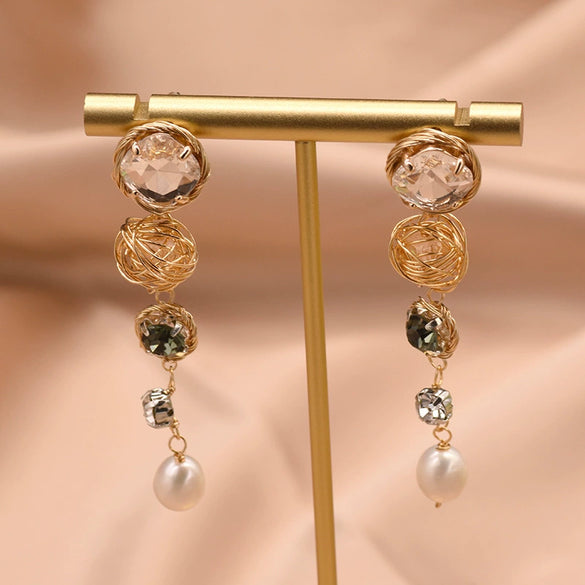 Wholesale Baroque Asymmetrical Earrings With Natural Pearl Flower Tassel Retro Temperament Metal Material And Electroplating Design
