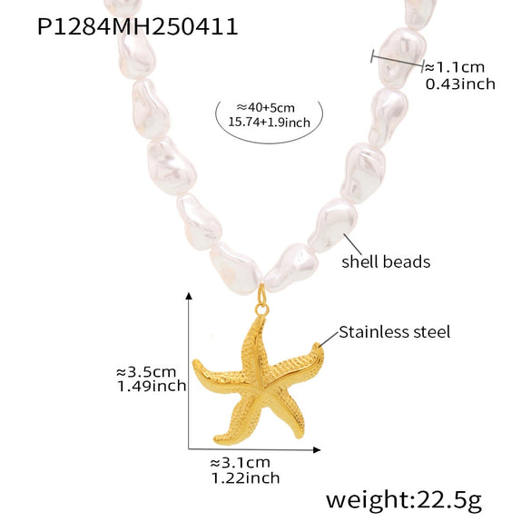 Wholesale Baroque Beads Starfish Multiaccessories Collarbone Necklace In Stainless Steel Shell Beads With Electroplating Geometric Pattern For Women Light Luxury Minimalist Style