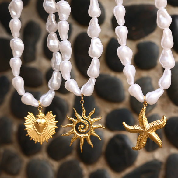 Wholesale Baroque Beads Starfish Multiaccessories Collarbone Necklace In Stainless Steel Shell Beads With Electroplating Geometric Pattern For Women Light Luxury Minimalist Style
