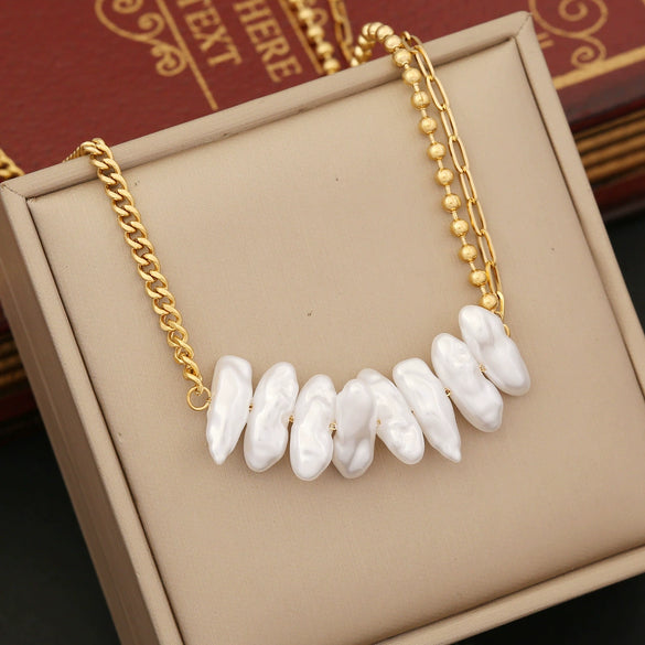 Wholesale Baroque Style Imitation Pearl And Stainless Steel Cuban Chain Electroplated Necklace For Women