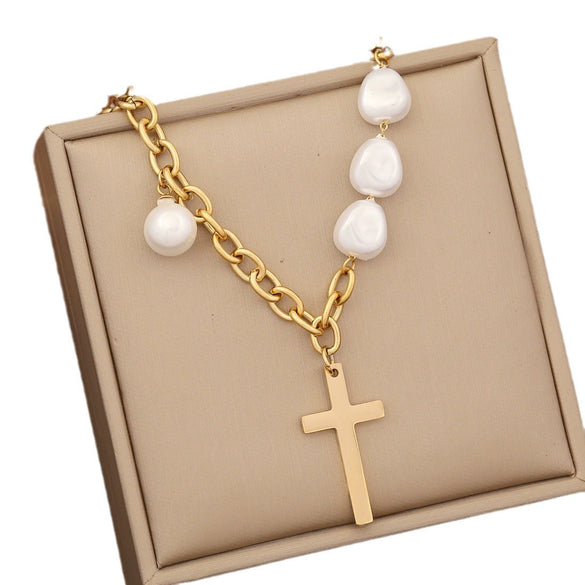 Wholesale Baroque Style Imitation Pearl And Stainless Steel Cuban Chain Electroplated Necklace For Women