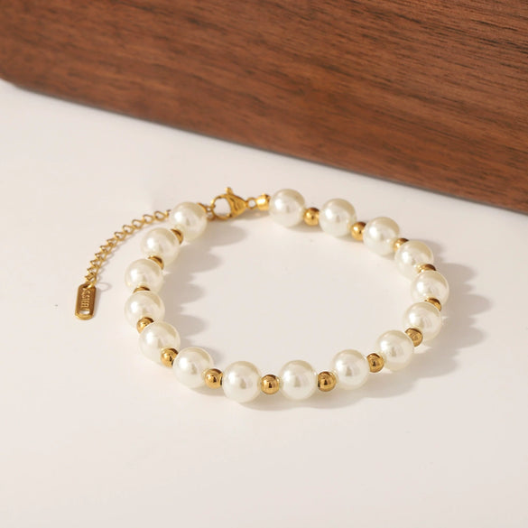 Wholesale Baroque Style Stainless Steel 18K Gold Plated Artificial Pearl String Gold Beads Geometric Bracelet With 18K Vacuum Plating In Furnace For Women