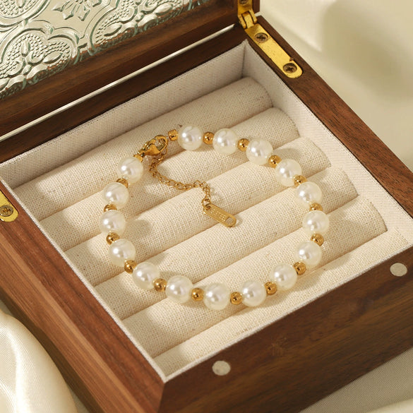 Wholesale Baroque Style Stainless Steel 18K Gold Plated Artificial Pearl String Gold Beads Geometric Bracelet With 18K Vacuum Plating In Furnace For Women
