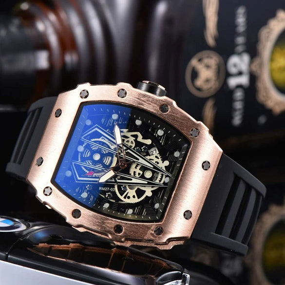 Wholesale Barrel Dial Quartz Watch Business Style Alloy Case Rubber Strap Stainless Steel Buckle For Men