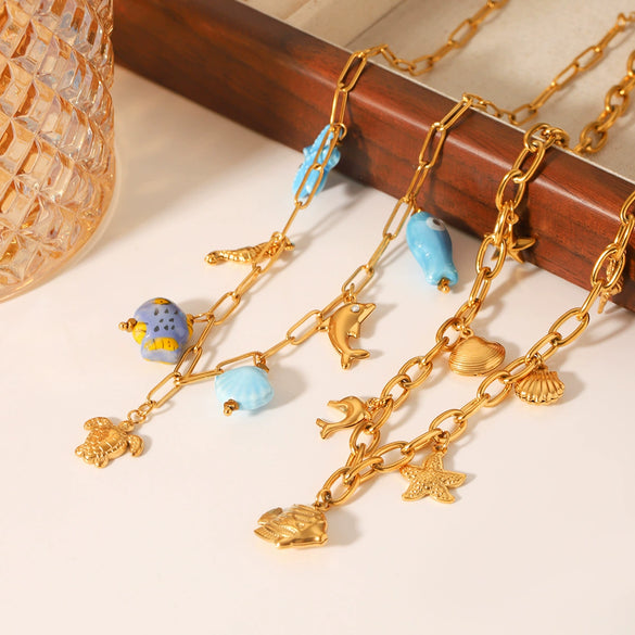Wholesale Beach Ocean Wind Titanium Steel And Stainless Steel Necklace With Starfish Dolphin Seahorse Shell Pendant And Cross Chain For Women Electroplated Animal Zodiac Design