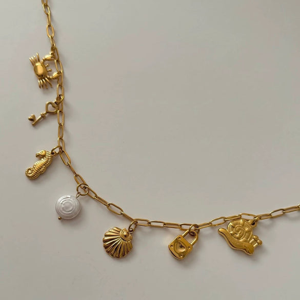 Wholesale Beach Starfish And Conch Pendant Necklace Natural Style Stainless Steel Mixed Gemstone Inlay 18K Gold Plated