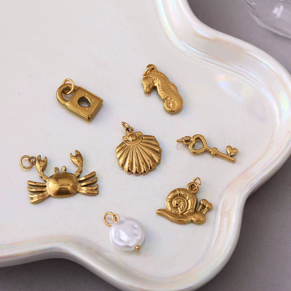 Wholesale Beach Starfish And Conch Pendant Necklace Natural Style Stainless Steel Mixed Gemstone Inlay 18K Gold Plated