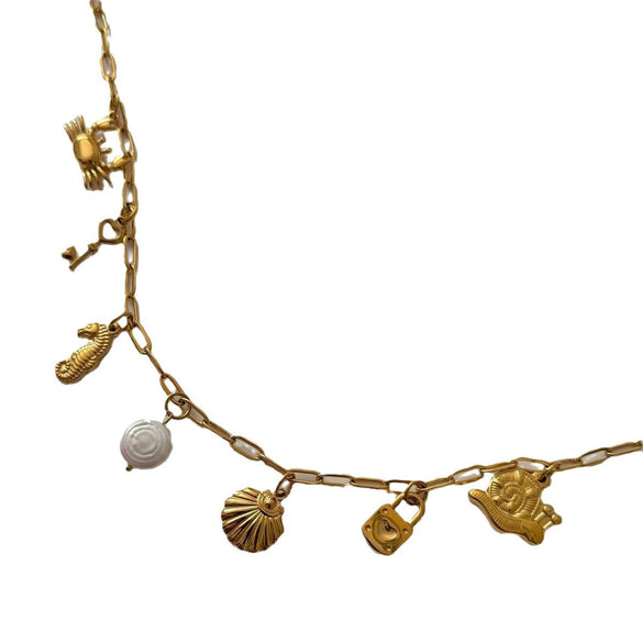 Wholesale Beach Starfish And Conch Pendant Necklace Natural Style Stainless Steel Mixed Gemstone Inlay 18K Gold Plated