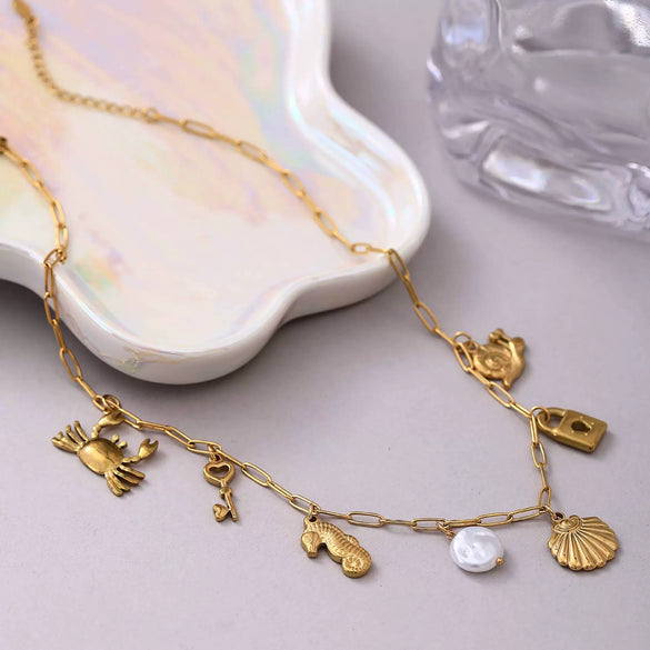 Wholesale Beach Starfish And Conch Pendant Necklace Natural Style Stainless Steel Mixed Gemstone Inlay 18K Gold Plated