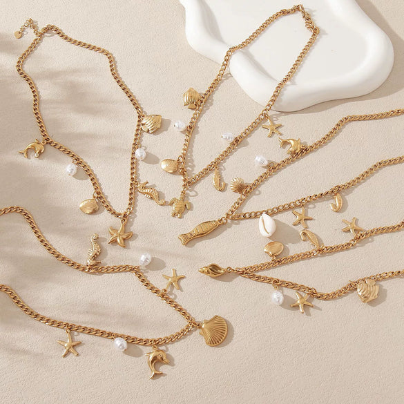 Wholesale Beach Summer Fashion Starfish Conch Pearl Jewelry Titanium Steel Ocean Clavicle Chain With Electroplating For Women