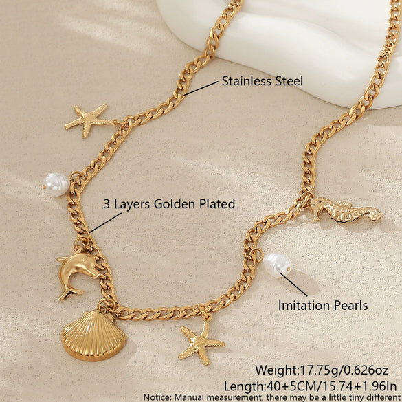 Wholesale Beach Summer Fashion Starfish Conch Pearl Jewelry Titanium Steel Ocean Clavicle Chain With Electroplating For Women