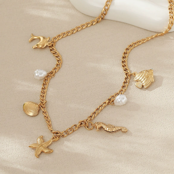 Wholesale Beach Summer Fashion Starfish Conch Pearl Jewelry Titanium Steel Ocean Clavicle Chain With Electroplating For Women