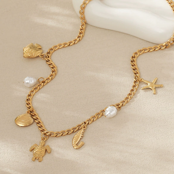 Wholesale Beach Summer Fashion Starfish Conch Pearl Jewelry Titanium Steel Ocean Clavicle Chain With Electroplating For Women