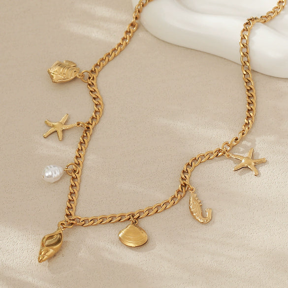 Wholesale Beach Summer Fashion Starfish Conch Pearl Jewelry Titanium Steel Ocean Clavicle Chain With Electroplating For Women
