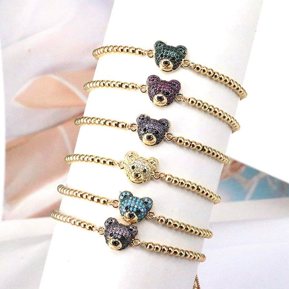 Wholesale Beaded Bracelet Copper Gold Plated Animal Bear Zircon Ins Style